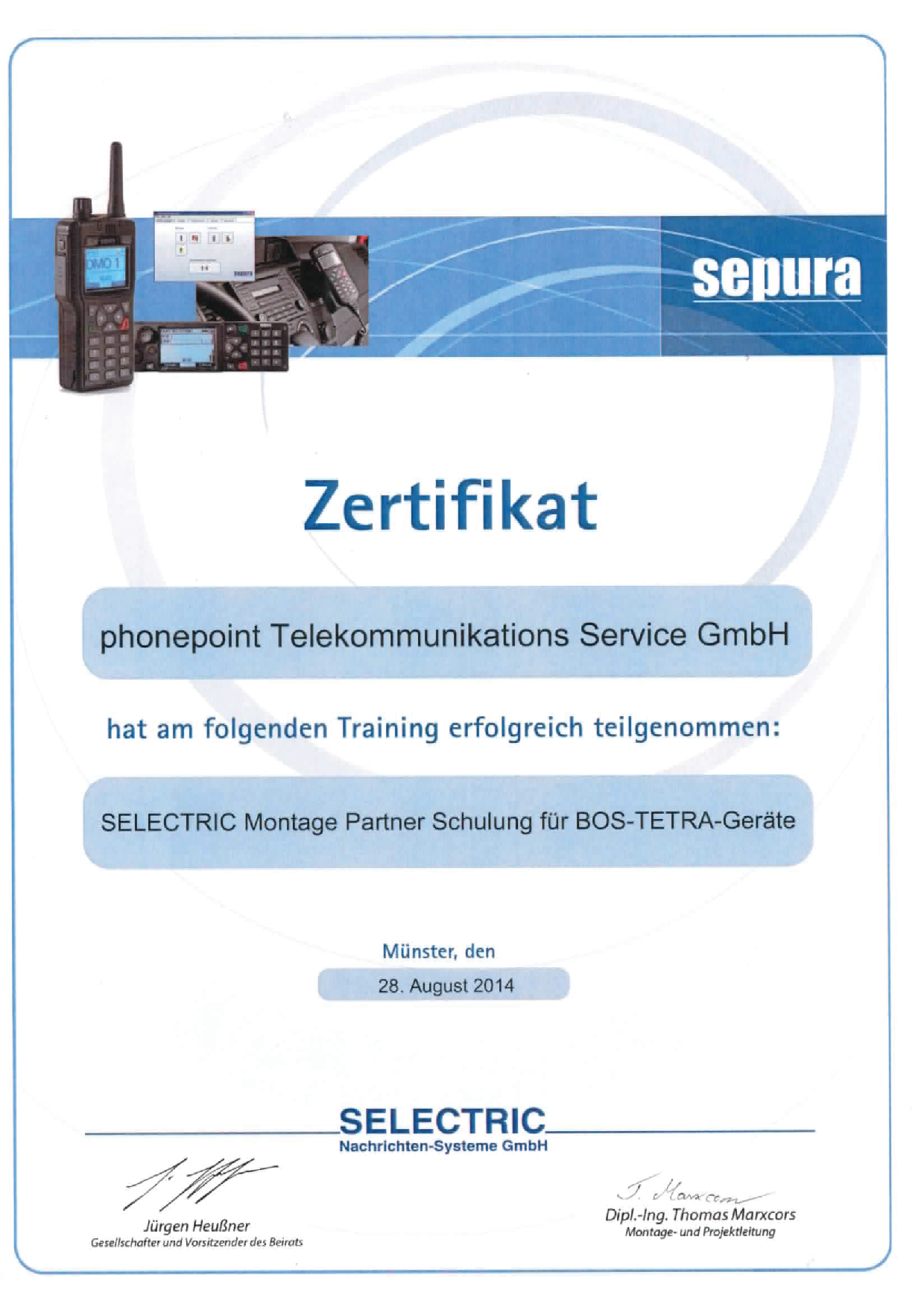 Zertifikat SELECTRIC Vertriebspartner